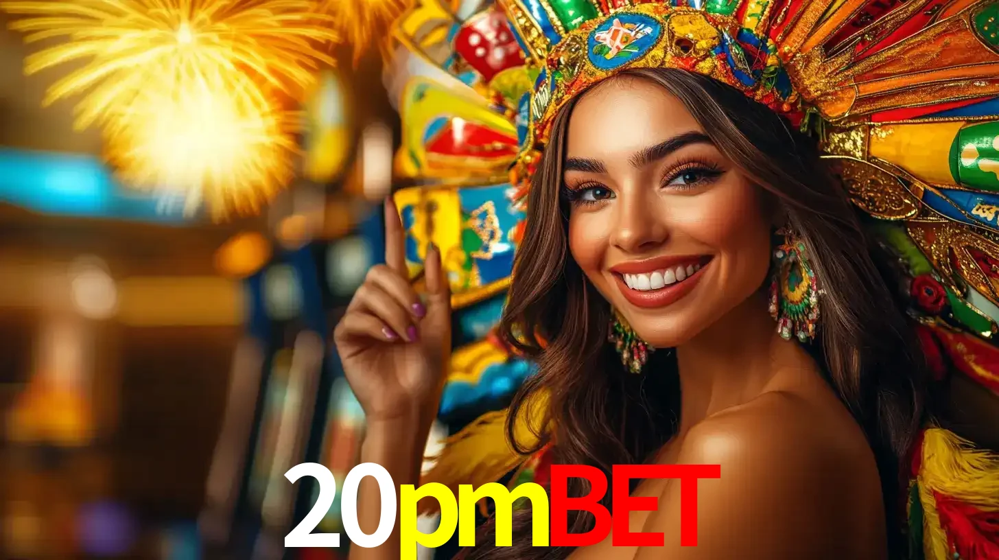 Mulher sorridente com um cocar de carnaval vibrante e colorido, celebrando uma grande vitória nos jogos do cassino 20pmbet com fogos de artifício ao fundo.