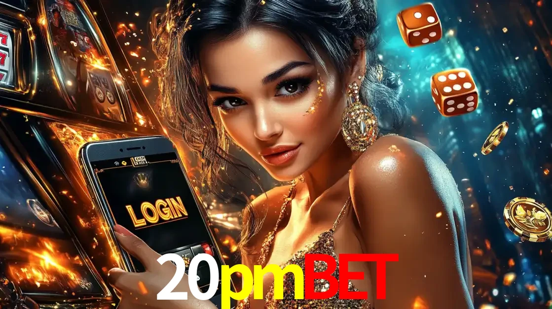 Mulher glamourosa segurando um celular com a tela de login do cassino 20pmbet, rodeada por dados e moedas douradas, pronta para começar a diversão.