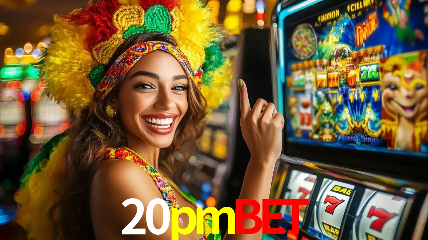 Mulher animada com um cocar de carnaval apontando para uma máquina de caça-níqueis, mostrando a emoção de ganhar um grande prêmio nos jogos do 20pmbet.