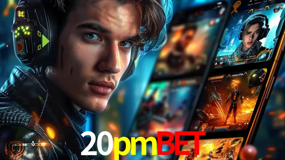 Jovem jogador com fones de ouvido olhando para a câmera, com um aplicativo de jogos e e-sports para celular ao fundo, pronto para a competição e apostas no 20pmbet.