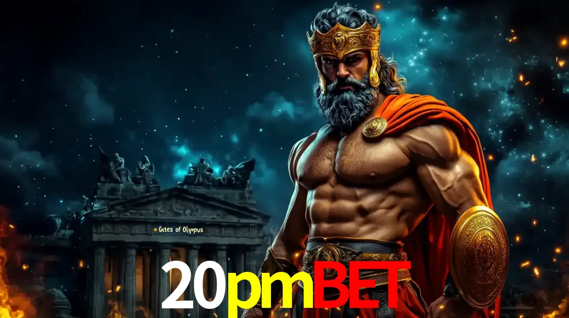 O poderoso Zeus do jogo de slot Gates of Olympus em frente ao seu templo, pronto para lançar multiplicadores divinos e prêmios épicos no cassino online 20pmbet.