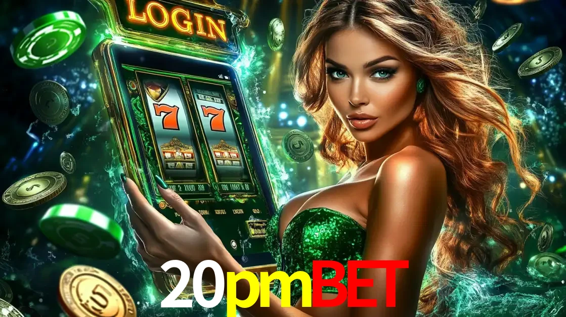 Mulher com tema verde apresentando o aplicativo do cassino 20pmbet com um jogo de slot de 777, cercada por fichas de cassino e uma aura de sorte.