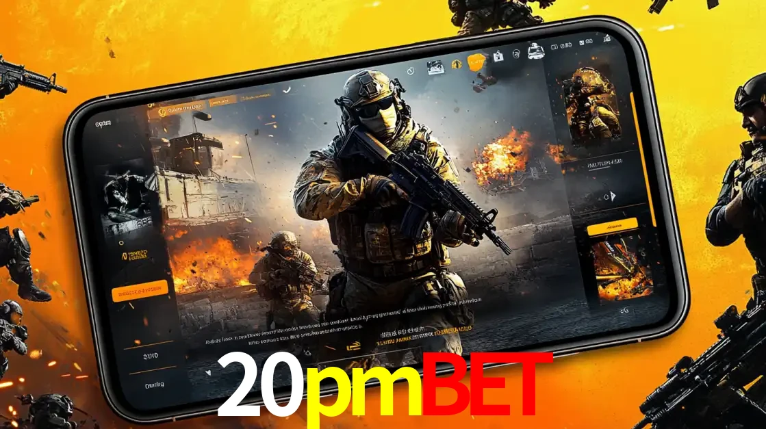 Um smartphone exibindo a interface de um jogo de tiro em primeira pessoa, com um soldado em um cenário de batalha, representando a ação dos e-sports para apostar no 20pmbet.