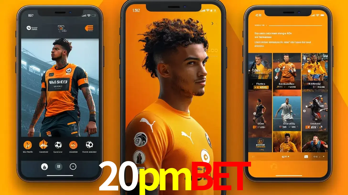 Interface do aplicativo de apostas esportivas 20pmbet em três telas de celular, mostrando o perfil de um jogador de futebol e a lista de jogos disponíveis para apostar.