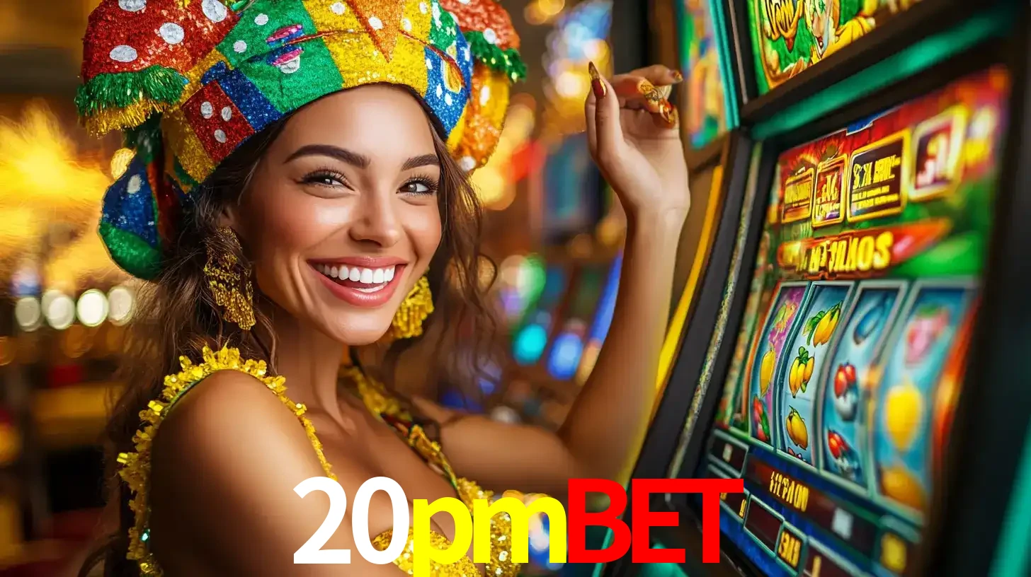 Mulher feliz com traje de carnaval amarelo e colorido ao lado de uma máquina de caça-níqueis, aproveitando a diversão e os jogos temáticos do cassino 20pmbet.
