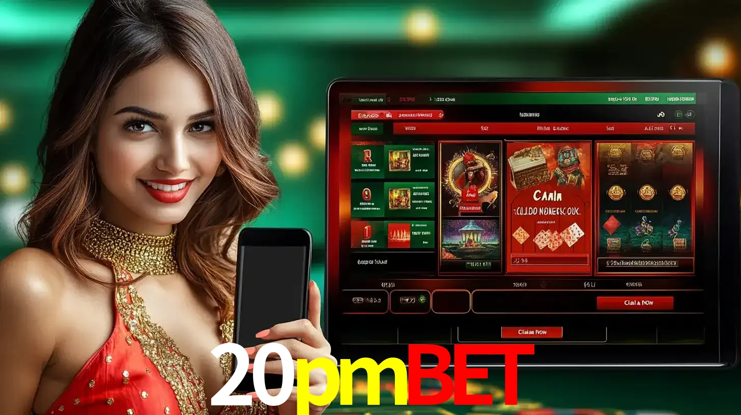 Mulher sorridente segurando um smartphone, ao lado de uma tela exibindo o lobby de jogos do cassino online 20pmbet, com várias opções de jogos de cartas e slots.
